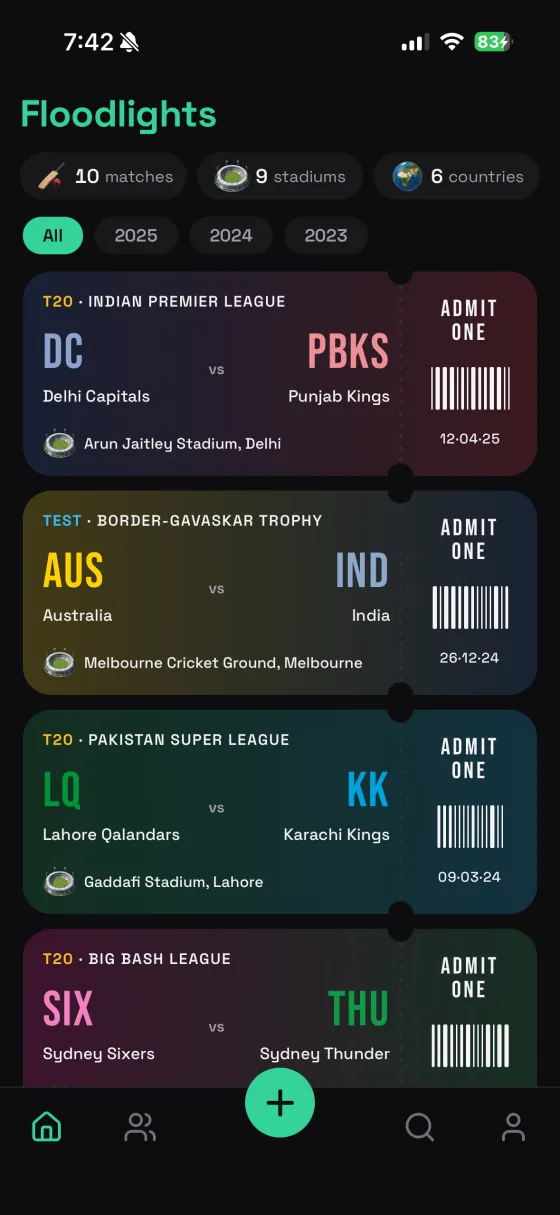 The Floodlights home screen: logged matches shown as ticket stubs, with counts for matches, stadiums and countries.