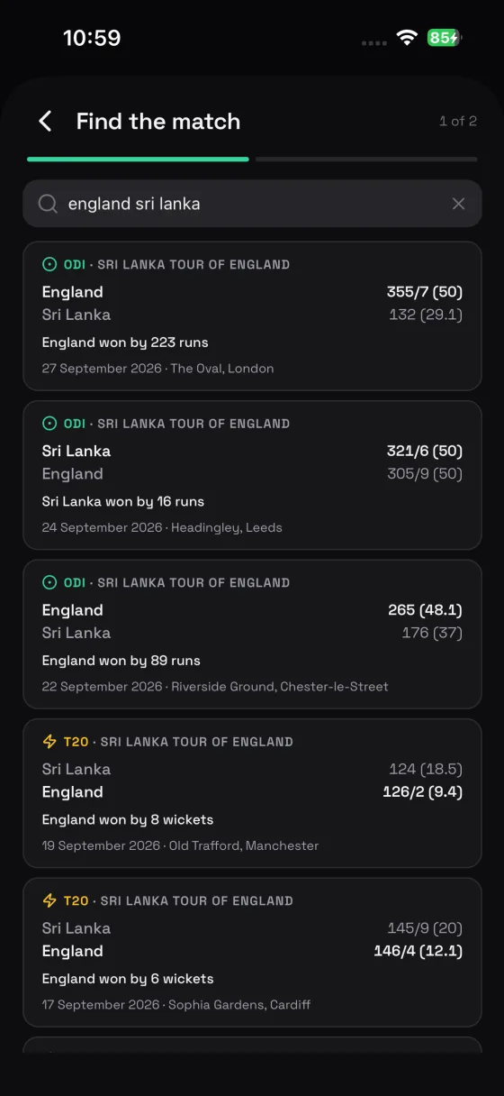 The Floodlights match search: every match cricsheet publishes, with scores, results and grounds.